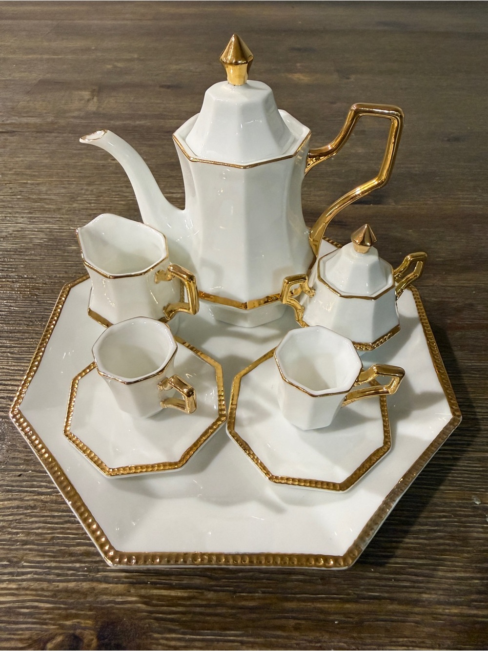Miniature White and Gold Octagonal Tea Set